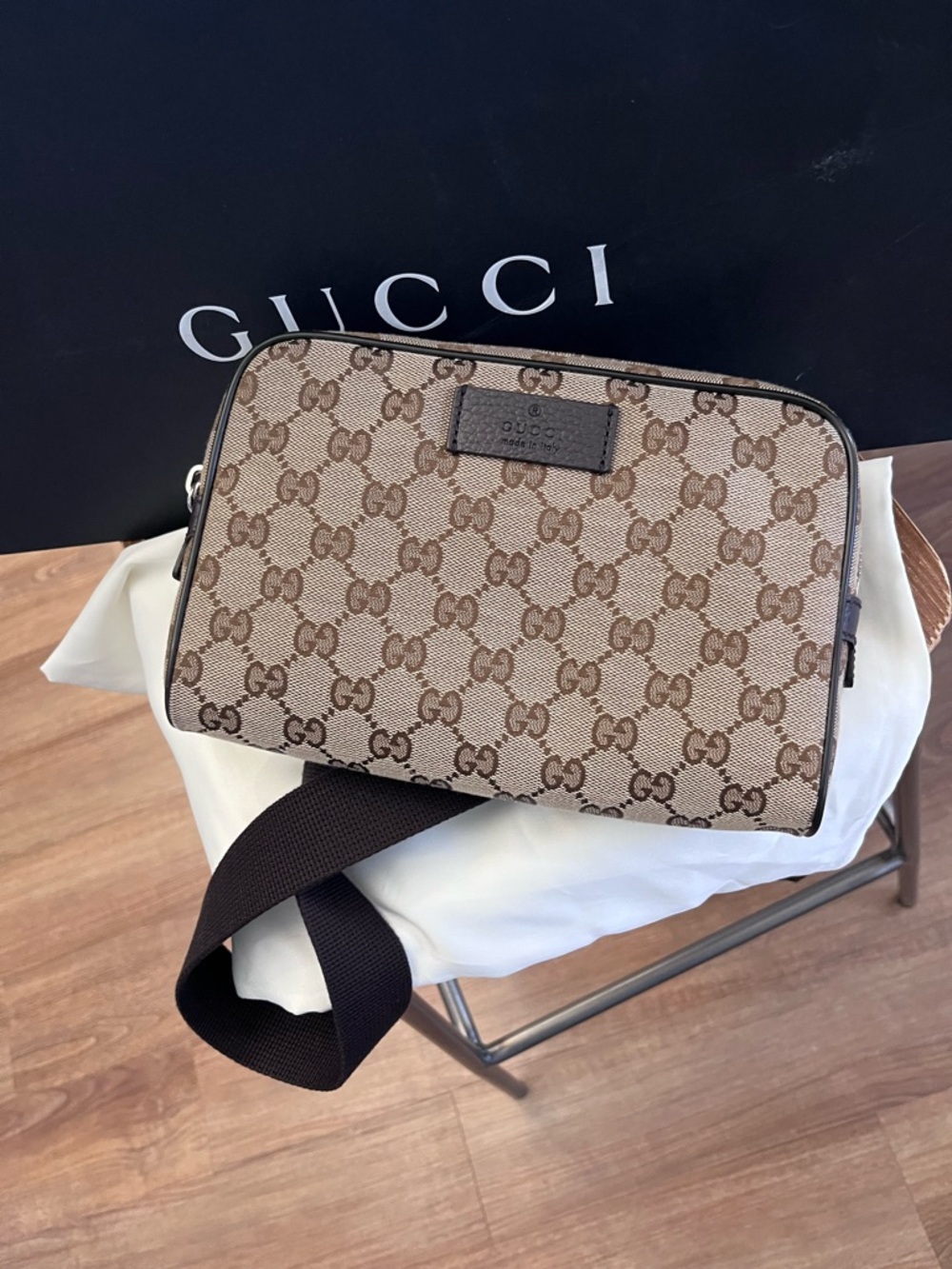 Gucci Beige Monogram Canvas Belt Bag with Brown Trim - Picture 6 of 13